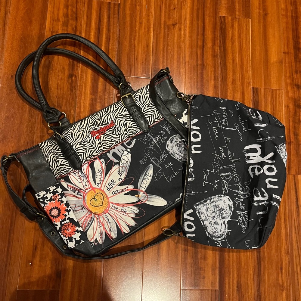 Desigual Tote‎ Bag Purse Set Patchwork Graffiti Daisy Zebra Pouch Black Multi